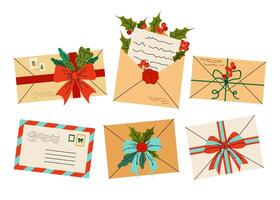 Set of paper envelopes for letters. Post Office. Letters to Santa Claus. Flat illustration on white background. vector