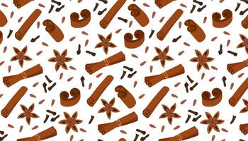 Dried cinnamon, cloves and aniseed. Ingredient for drinks, baking or other cooking. Natural Indian spice. Seamless pattern for textile, wrapping paper, background. vector