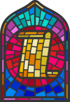 Church glass window. Gothic arch frame with medieval symbol. Vintage architecture element. Stained color mosaic decoration with paper scroll png