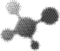 Pixel pattern molecule shape. Textured cosmic element with bitmap dither gradient. Retro icon with old computer game graphic effect. Halftone grunge illustration png