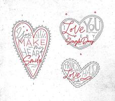 Set of valentines day flat hearts with greeting lettering drawing on dirty paper background. vector