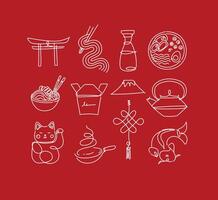 Sushi icon set in line style drawing on red background vector