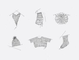 Knitting collection with needles, sweater, sock, hat, napkin, yarn, wool, cap drawing in line art style on beige color background. vector