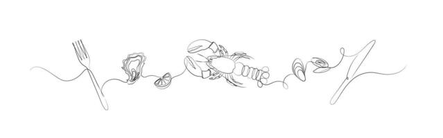 Seafood linear silhouette illustration with fork, oyster, lemon, mussel, knife drawing on white background vector