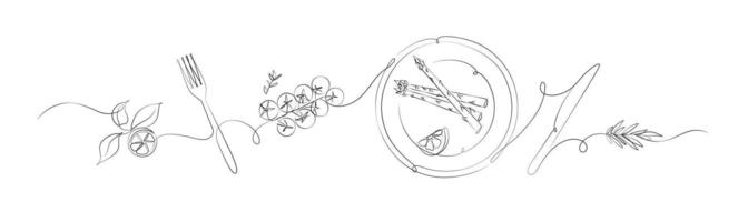Vegetables linear silhouette illustration with lemon, fork, tomatoes, plate, asparagus, rosemary, knife drawing on white background vector