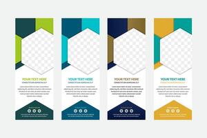 set of hexagon roll up business banner design vertical template, cover presentation abstract geometric background, modern publication display and flag banner, layout in rectangle vector