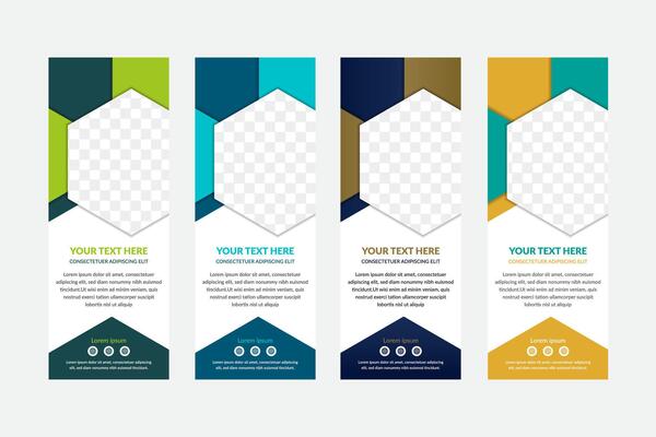 set of hexagon roll up business banner design vertical template, cover presentation abstract geometric background, modern publication display and flag banner, layout in rectangle