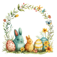 Watercolor easter frame with rabbits and eggs png