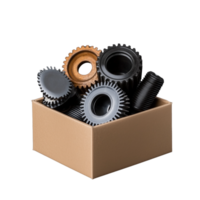 Gears and Cogs in a Cardboard Box on Transparent Background png