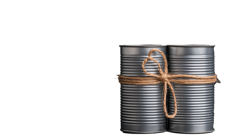 Two vintage tin cans tied with string on transparent background png
