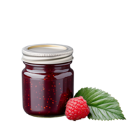Raspberry jam jar with raspberry and leaf on transparent background png