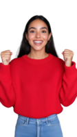 Happy young woman celebrating with fists raised in red sweater on transparent background png