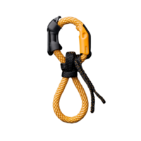 Durable climbing carabiner with yellow rope loop on transparent background png