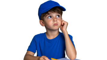 Thoughtful boy wearing blue shirt and cap with transparent background png