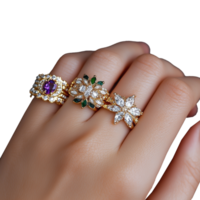 Elegant rings displayed on hand with transparent background showcasing intricate designs png