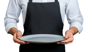 Chef in Black Apron Holding Empty Plate on Transparent Background png