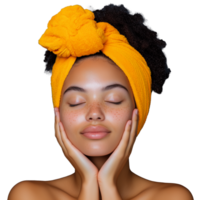 Serene woman with yellow towel on head against transparent background png