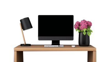 Modern desk setup with computer, lamp, and flowers on transparent background png