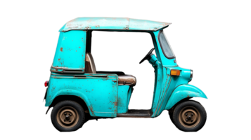 Vintage turquoise three-wheeled vehicle with transparent background for creative projects png