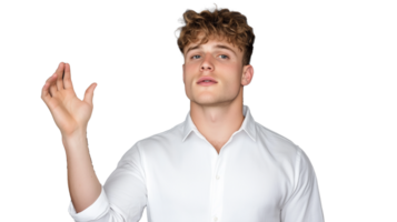Young man in white shirt gesturing with hand on transparent background png