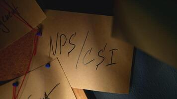 Lantern illuminates notes on board. Stock footage. Notes with words on blackboard in night office. Quest with rebus on notes with strings video