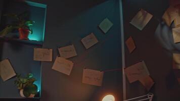 Posted notes and threads. Stock footage. Interior of detective with notes and thread. Notes hung on red thread all over office video