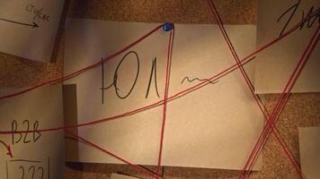 Notes with red thread. Stock footage. Close-up of mysterious notes connected by red thread. Symbols and puzzles on mysterious board with threads video