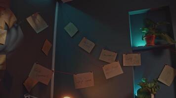 Posted notes and threads. Stock footage. Interior of detective with notes and thread. Notes hung on red thread all over office video