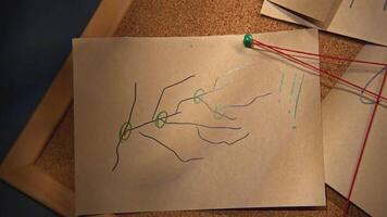 Board with notes and threads. Stock footage. Rebus on notes with red thread. Close-up of mysterious images on notes with red thread in night office video