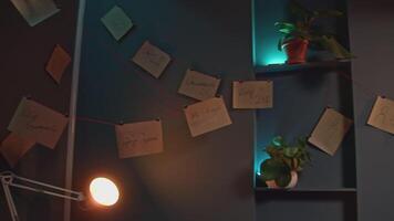 Posted notes and threads. Stock footage. Interior of detective with notes and thread. Notes hung on red thread all over office video