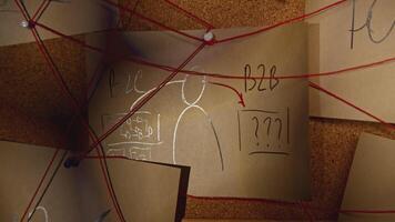Notes with red thread on idea board. Stock footage. Close-up notes with inscriptions on board with rebus. Mysterious blackboard with notes and red thread in night office video