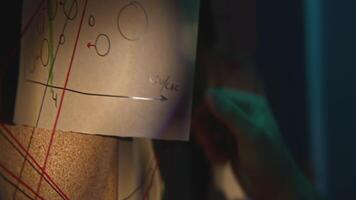 Close-up of board with notes and threads. Stock footage. Man is investigating and fixing evidence on board. Man checks photos and notes on research board video
