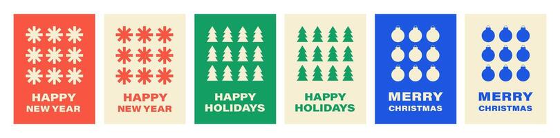 Christmas set cards in geometric flat style. Minimalistic modern backgrounds with abstract elements vector