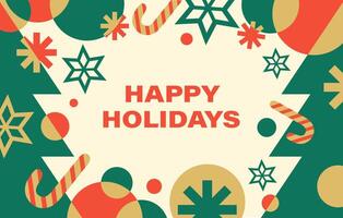Christmas horizontal banner in geometric flat style. Minimalistic modern background with abstract elements. Red, green, gold and beige colors. vector