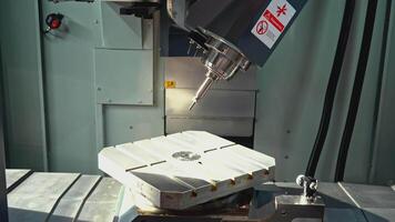 Rotating automated Machine with metal plate and drill. Media. Automated machine with drill and metal plate for operation. Machine is being prepared to work with automated hand video
