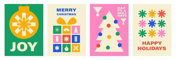 Christmas set cards in geometric flat style. Minimalistic modern backgrounds with abstract elements. vector