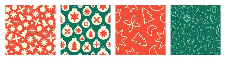 Christmas set seamless patterns with minimalist geometric elements. Red, green and white colors vector