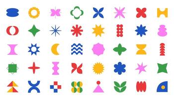 Big set of simple geometric retro elements. Trendy y2k brutal contemporary icons. Various geometric figures. vector