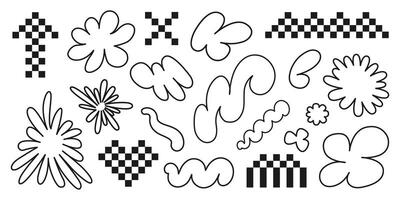 Set of y2k black elements isolated on a white background. Hand drawn collection of heart pixel, arrow, cross, wave, flower, organic shapes vector