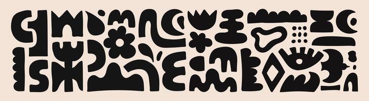 Abstract organic shapes with black geometric cutting doodles. Trendy random figures isolated on a beige background vector