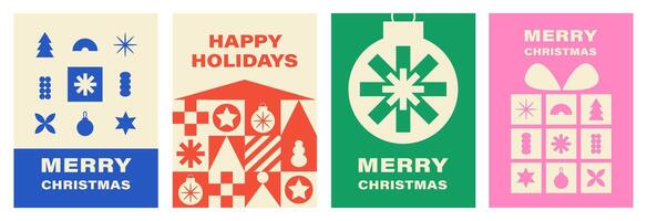 Christmas set cards in geometric flat style. Minimalistic modern backgrounds with abstract elements vector