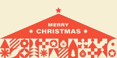 Christmas horizontal banner in geometric flat style. Minimalistic modern background with abstract elements. Red and beige colors. vector