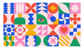 Banner or background of abstract colorful geometric shapes. Bright brutal contemporary icons. Various geometric figures. vector