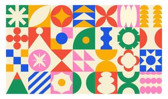 Banner or background of abstract colorful geometric shapes. Bright brutal contemporary icons. Various geometric figures. vector