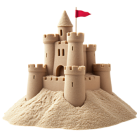 A sand castle with a red flag on top png