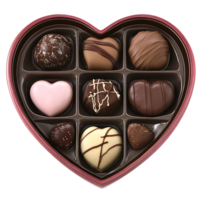 A heart shaped box of chocolates with different types of chocolates png