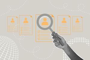 Trendy halftone collage. Concept of hiring employees,HR, checking information about employees and applicants. Fashionable modern retro illustration in mixed technique vector
