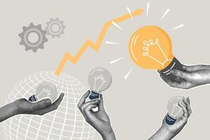 Contemporary halftone collage. Concept of standing out, being a leader, standing out from others, brilliant idea. Hand with bright large light bulb idea standing out from others. Modern business vector