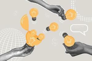 Contemporary halftone collage. Concept idea generation, invention and cognition, ready solution. Open light bulb with new ideas. Hands collecting ideas vector