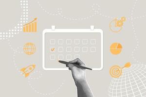 Trendy halftone collage. Business concept, calendar of activities, improve efficiency, appointment schedule, personal organizer. Using a personal organizer to schedule meetings and events digitally vector